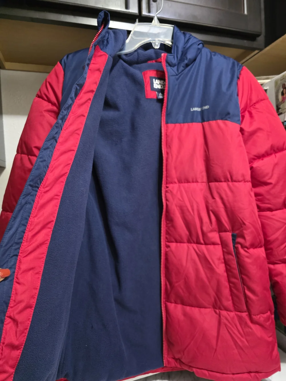 Lands' End Kids' Red & Navy Puffer Jacket with Hood Youth 14/16